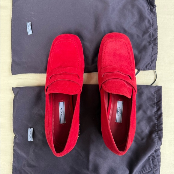 Prada Red Suede Jeweled Block Heel Loafers - Picture 3 of 9